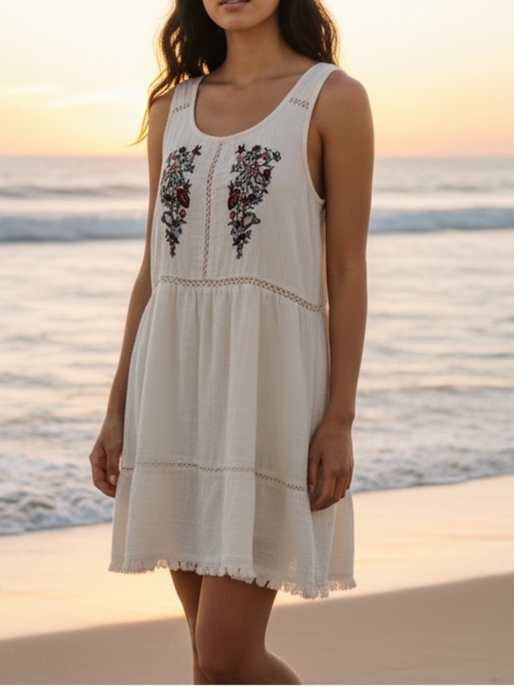 ODDI Cream Boho Gauze Dress with Floral Embroidery